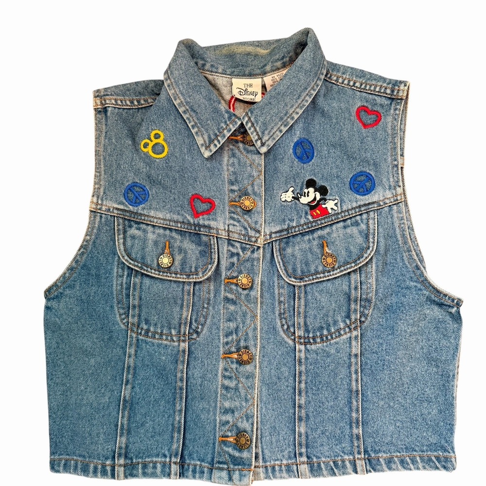 Disney's Vintage 90's Cropped Denim Vest Peace Love & Mickey Mouse Jrs Size Med